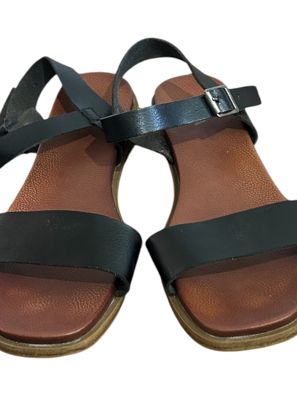 MIA Black Leather Cross‑Strap Buckle Sandals with Brown Footbed